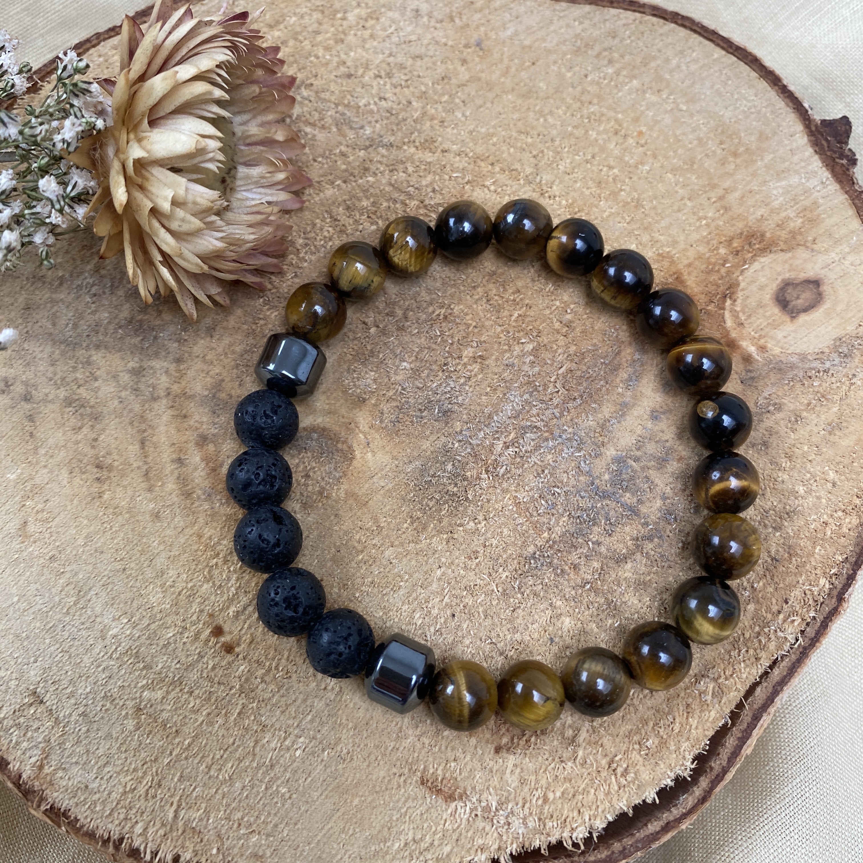 Tijgeroog / Lavasteen armband 