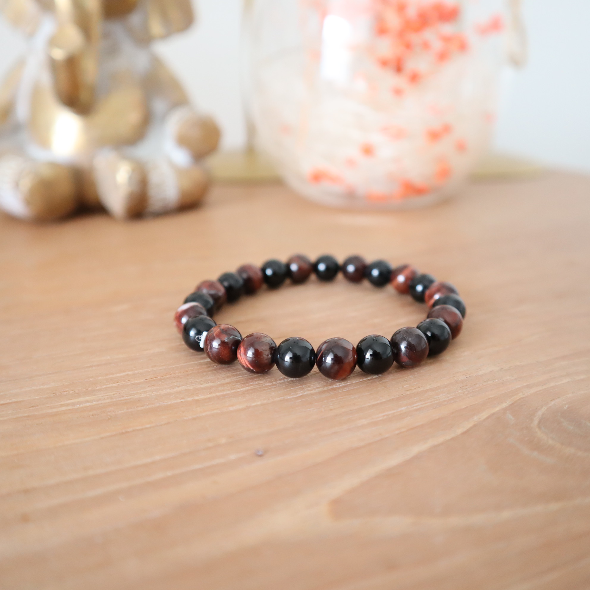 Armband zwarte onyx & rode tijgeroog